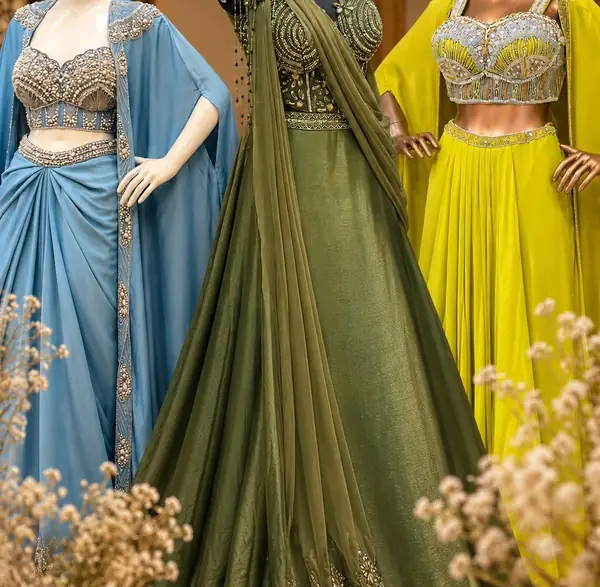 Lehengas and indo-western outfits on mannequins at Saheli